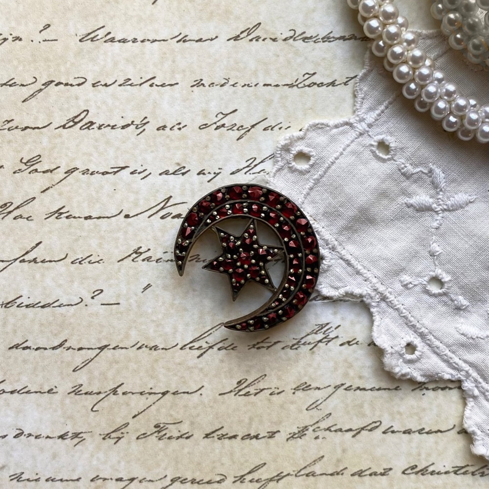 Bohemian Garnet Star and Crescent Moon Cluster Brooch - 1910s